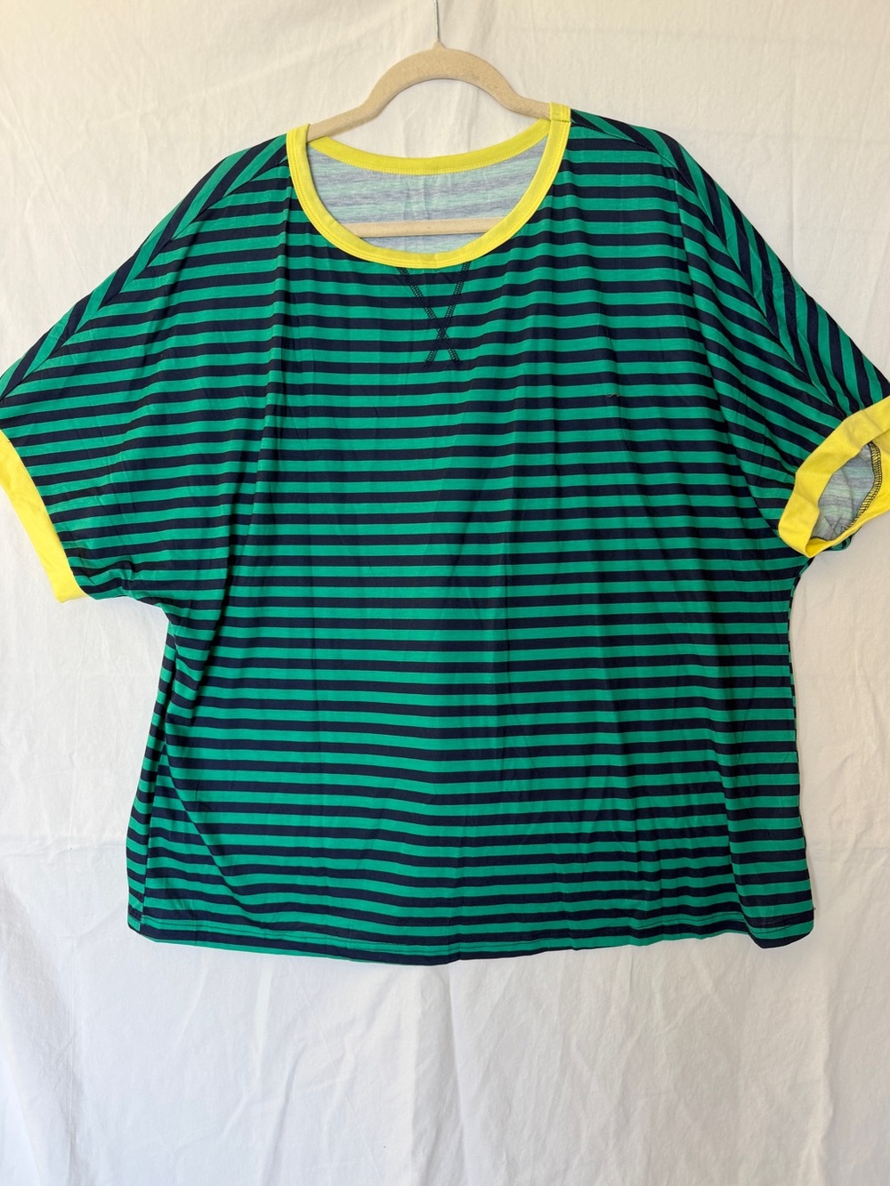 Women’s  Green & Navy Striped Tee with Yellow Trim NWOT XL